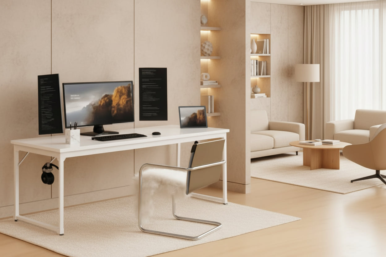 Modern home office setup with a white desk, chair, and computer monitors on a beige background