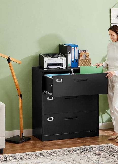 Lateral 3 Drawer File Cabinets with Lock, Metal Filing Storage Vertical Cabinets,Home Office Furniture for Organization Hanging Letter/Legal/F4/A4(Black)