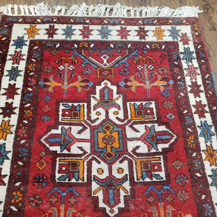 Antique Persian Heriz Karajeh Runner Rug, Red, Hand-Knotted, Wool, 3' 3" x 10' 11"-2