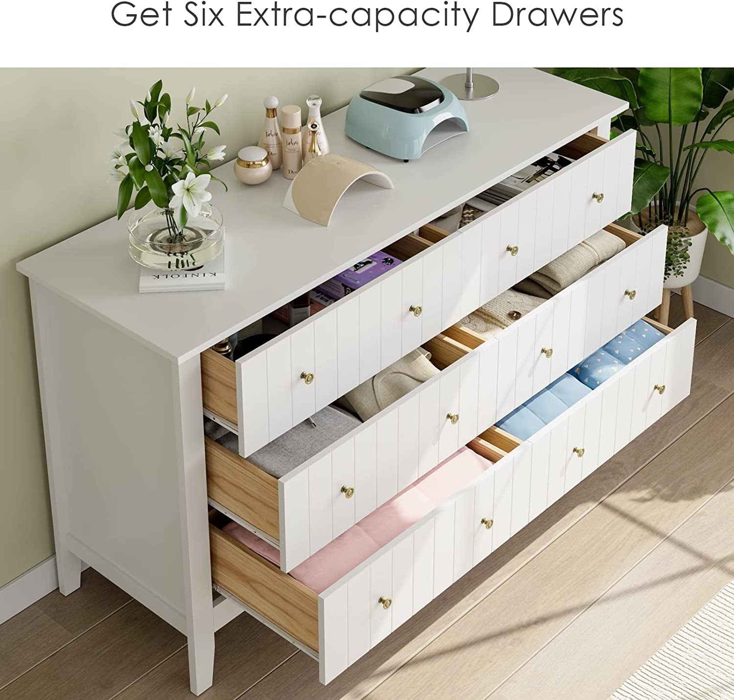 Modern White 52.4 Inch Wide 6 Drawer Dresser Chest Storage
