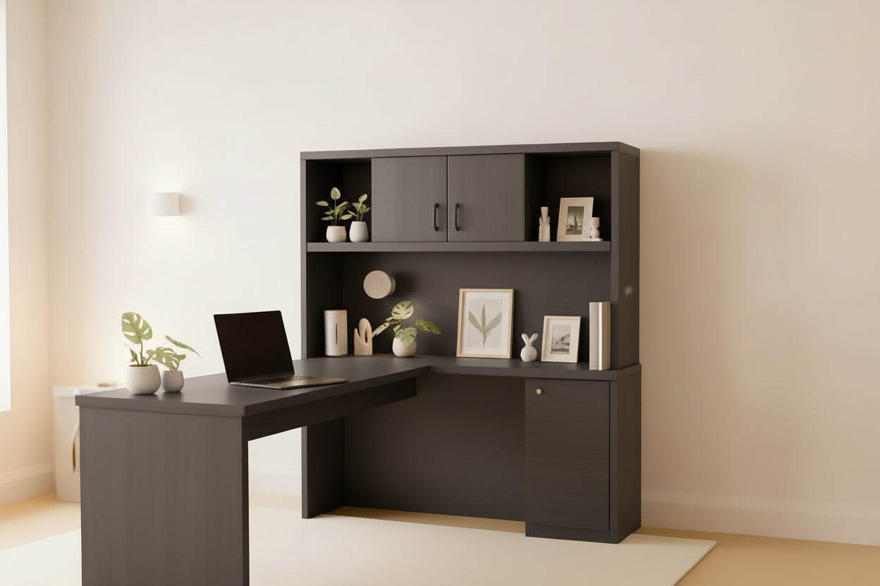Wooden office desk with chair and shelves in a warm-lit room