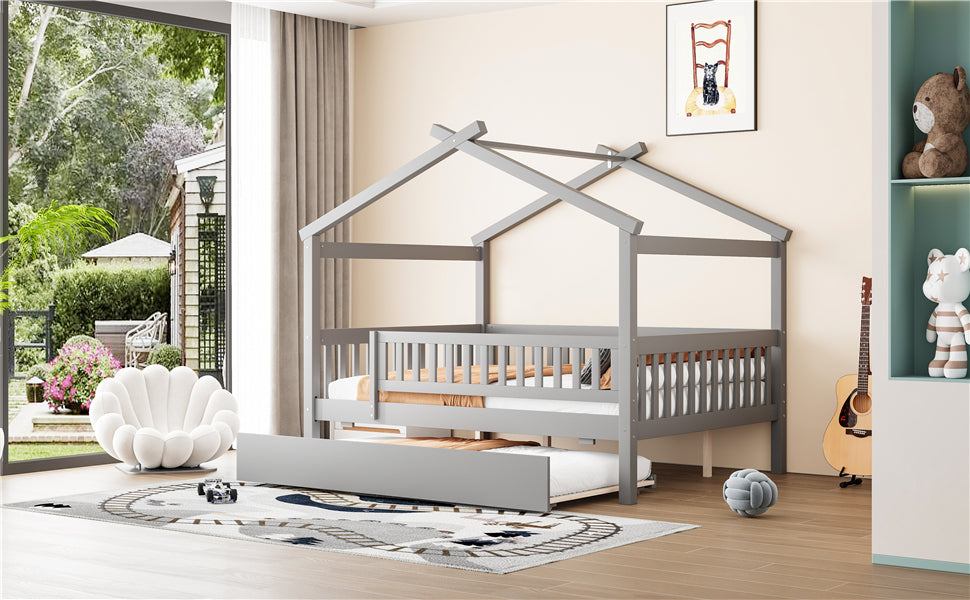 Full Size Wooden House Bed with Twin Size Trundle