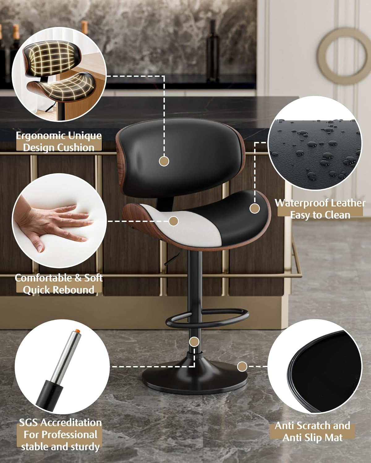 Bar stool with features highlighted on a blurred background
