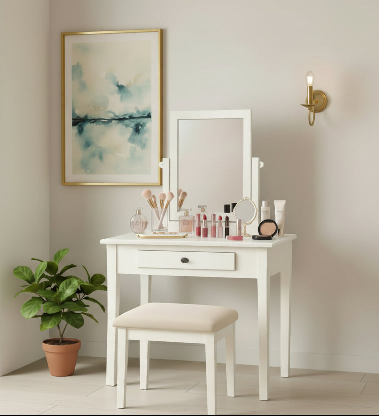 White vanity table with mirror and stool against a beige wall.