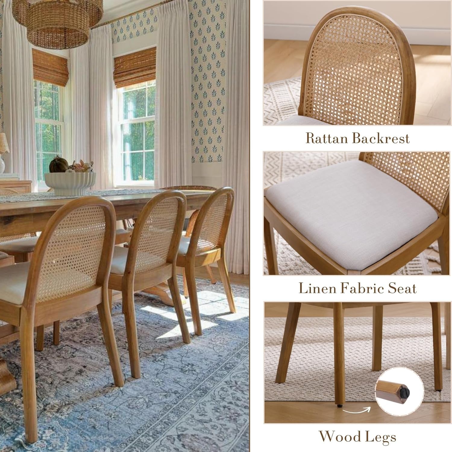 Dining room with rattan chairs, table, and decorative elements.
