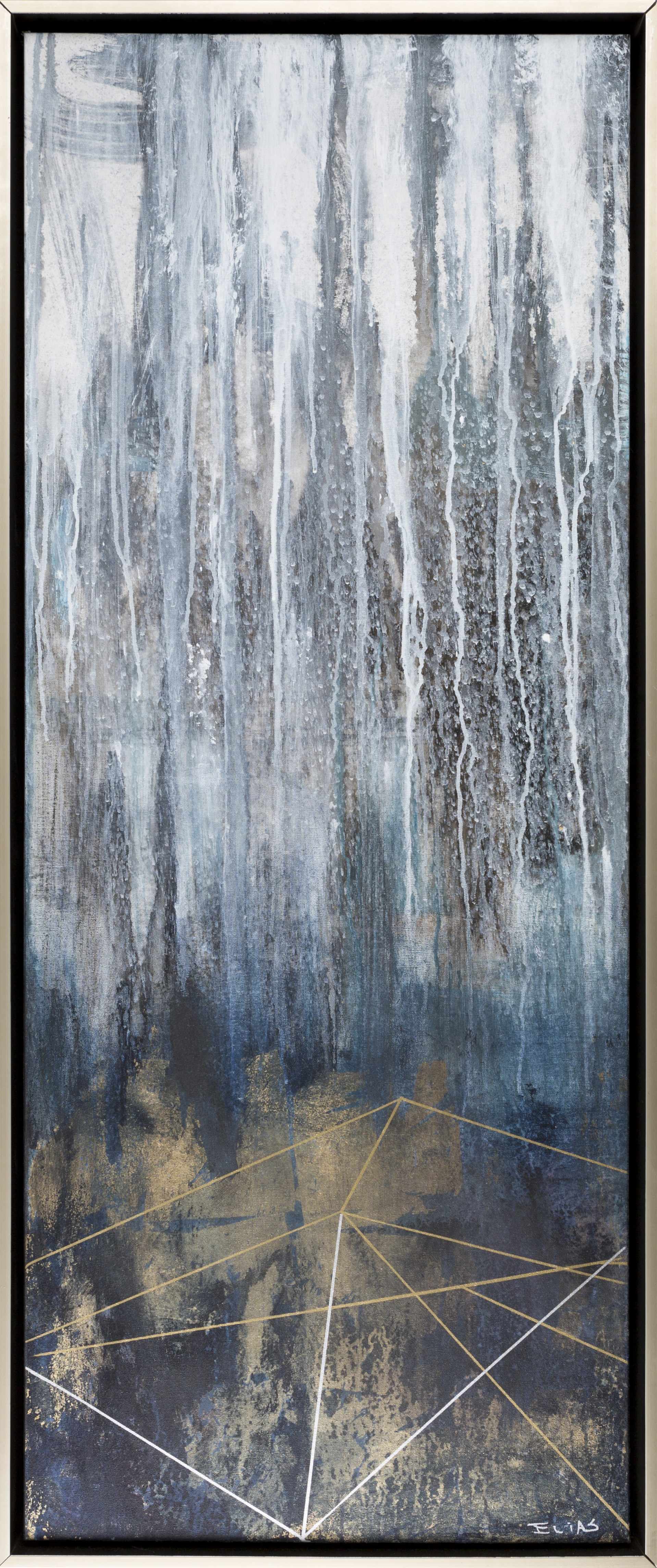 Abstract art piece with geometric shapes and gradient colors in a black frame.