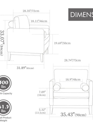 35.4' Wide Modern Farmhouse Performance Accent Chair with Natural Wood Legs, Wood Base Reading Armchair Single Sofa with Two Bolster Pillows for Living Room Offices and Lounge, Ivory Boucle.-2