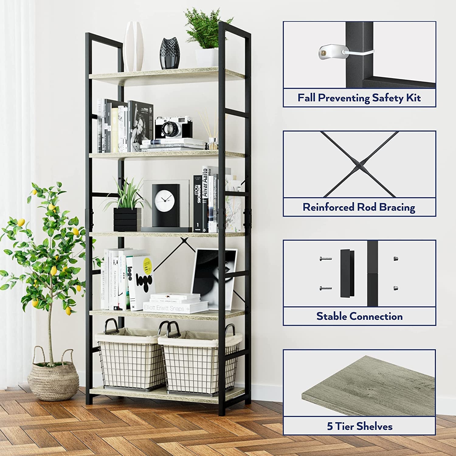 Bookshelf with decorative items and safety kit features on a white wall.