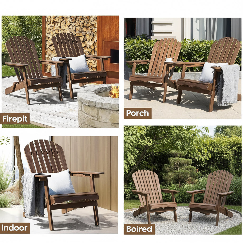 Collage of wooden Adirondack chairs in various settings with text 'Refresh Your Outdoor Living'.
