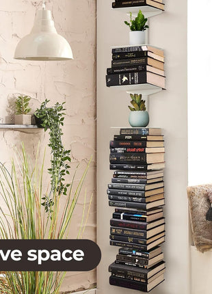 Invisible Floating Bookshelf for Wall Mounted, 8 Tier Vertical Spine Book Tower, Heavy-Duty Metal Book Organizers for Home Office, 4 Pack White