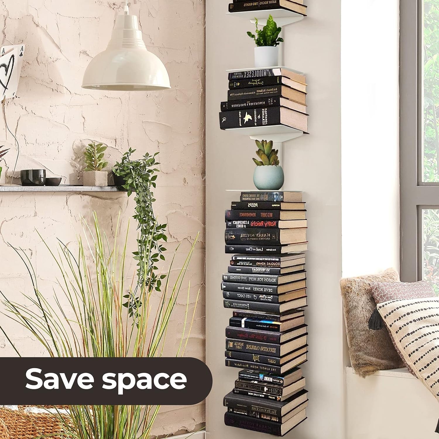 Invisible Floating Bookshelf for Wall Mounted, 8 Tier Vertical Spine Book Tower, Heavy-Duty Metal Book Organizers for Home Office, 4 Pack White