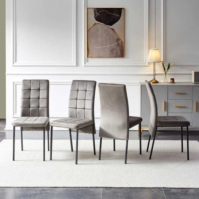 Upholstered Velvet Dining Chairs Classic Kitchen High Back Chairs Set of 4, Featured Dovetail Tufted Side Chairs, Black Metal Legs, Grey-0