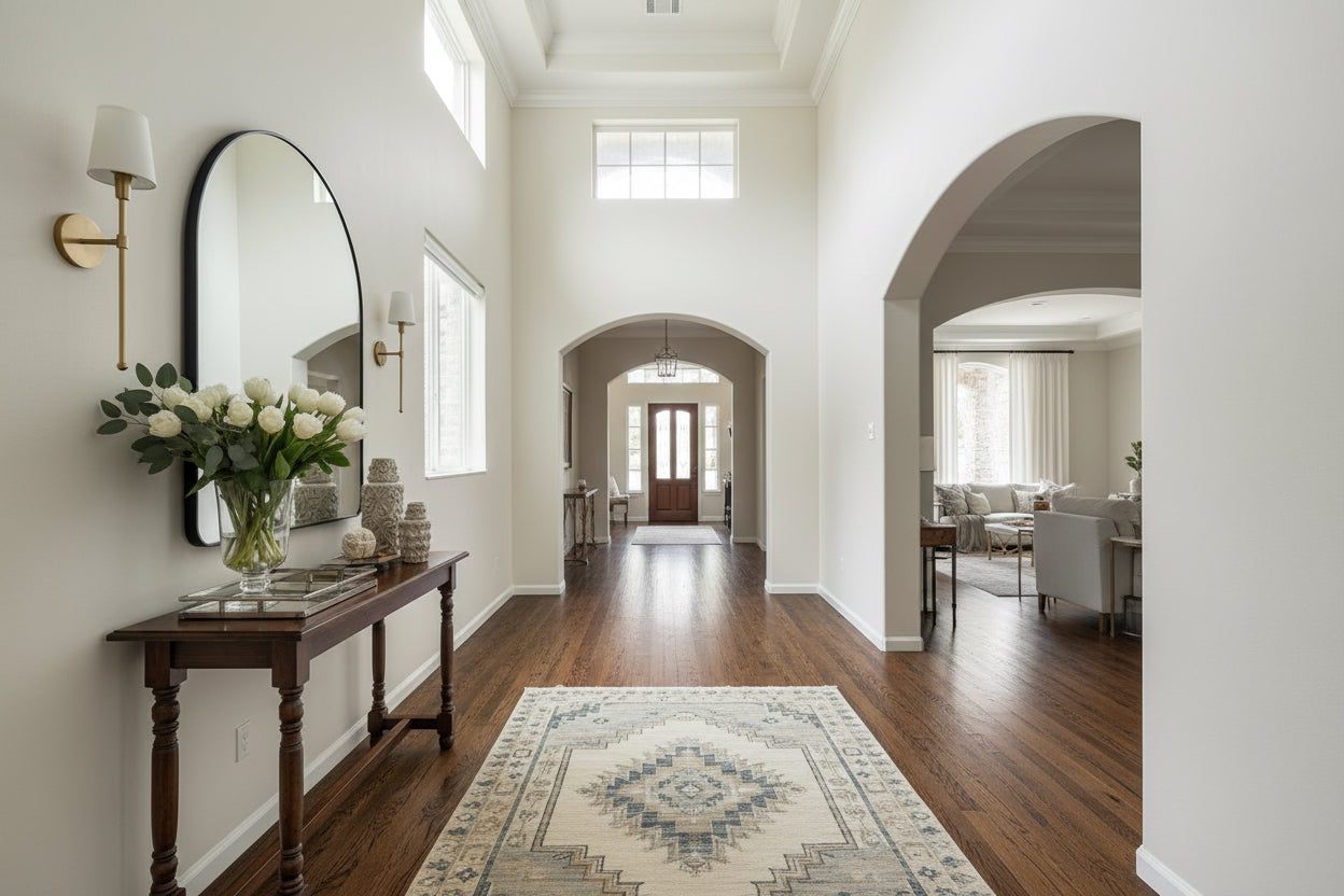 Cat sitting on a shelf with a mirror above it in a room.