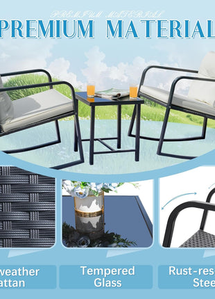 Patio Chairs 3 Piece Wicker Rocking Chair Outdoor Bistro Sets with Coffee Table and Cushions Metal Frame Patio Furniture for Porch, Balcony, Lawn (White)-2