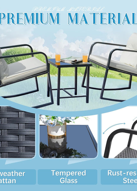 Patio Chairs 3 Piece Wicker Rocking Chair Outdoor Bistro Sets with Coffee Table and Cushions Metal Frame Patio Furniture for Porch, Balcony, Lawn (White)-2