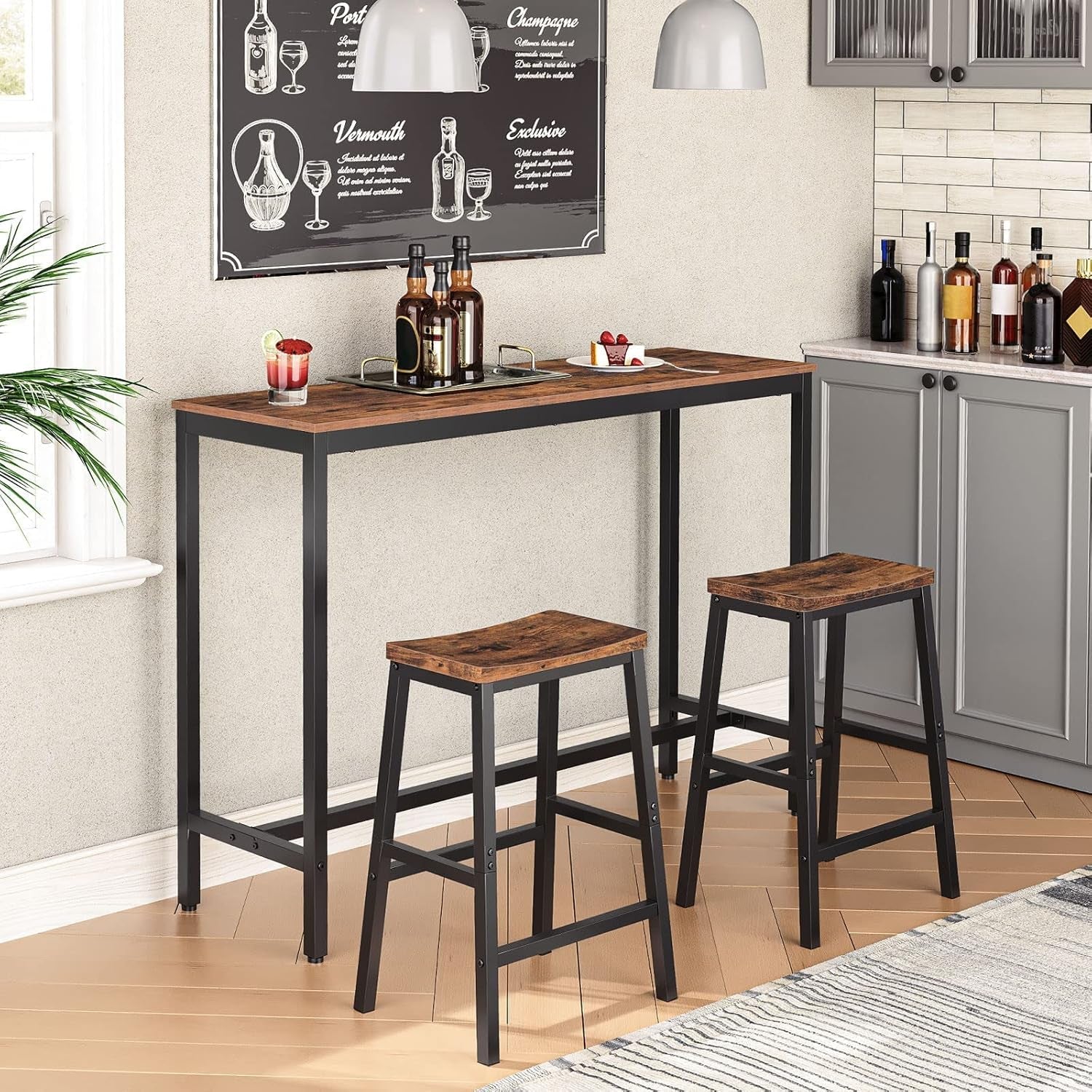 Kitchen bar set with a table and stools in a home setting.
