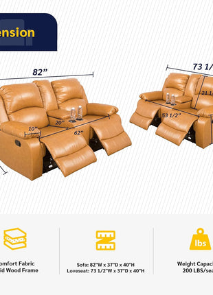 Alpine Living Room Recliner Set Include Love Seat, Sofa, 2-Piece,Ginger