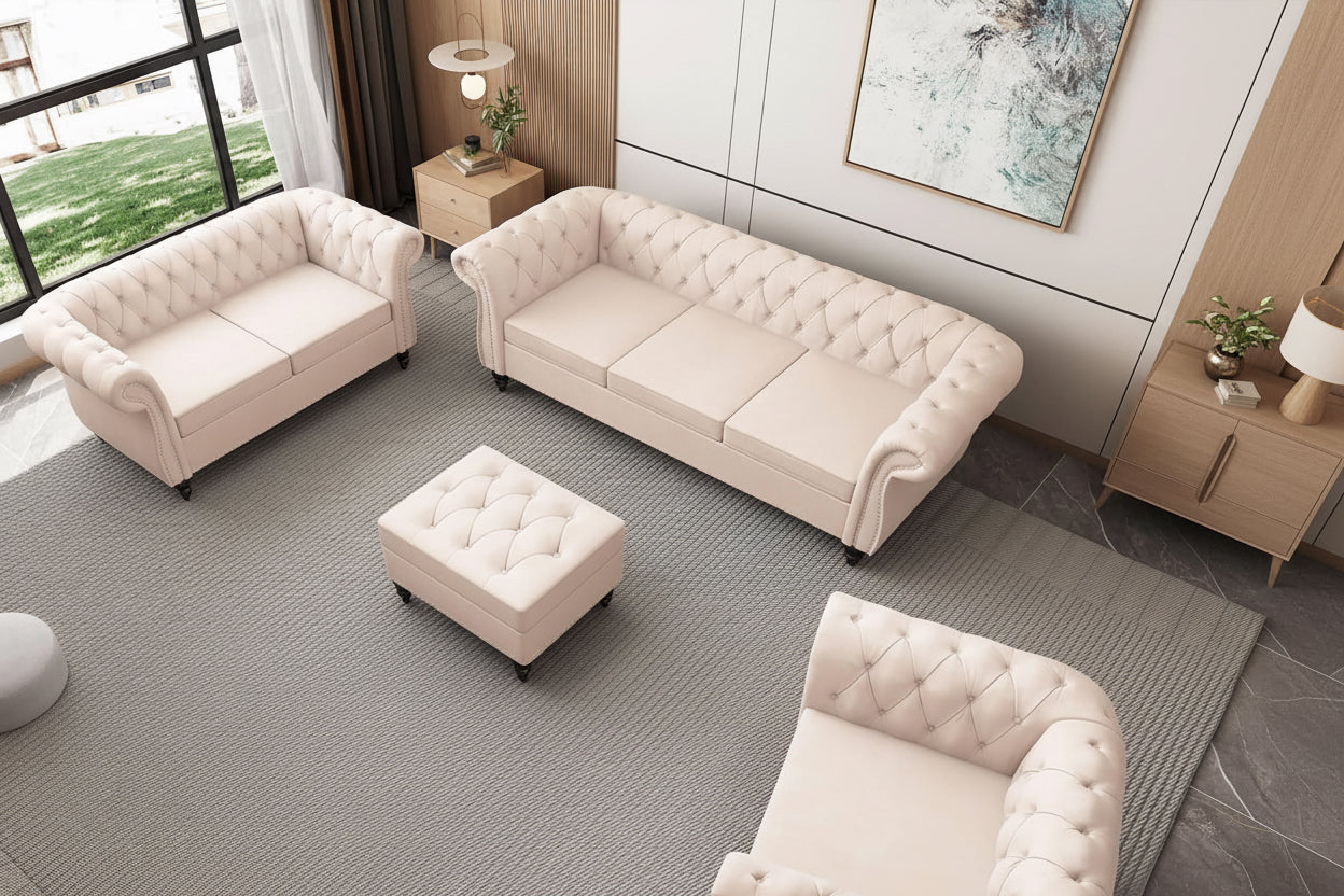 Beige Velvet Sectional Sofa Set With Button Tufting-0
