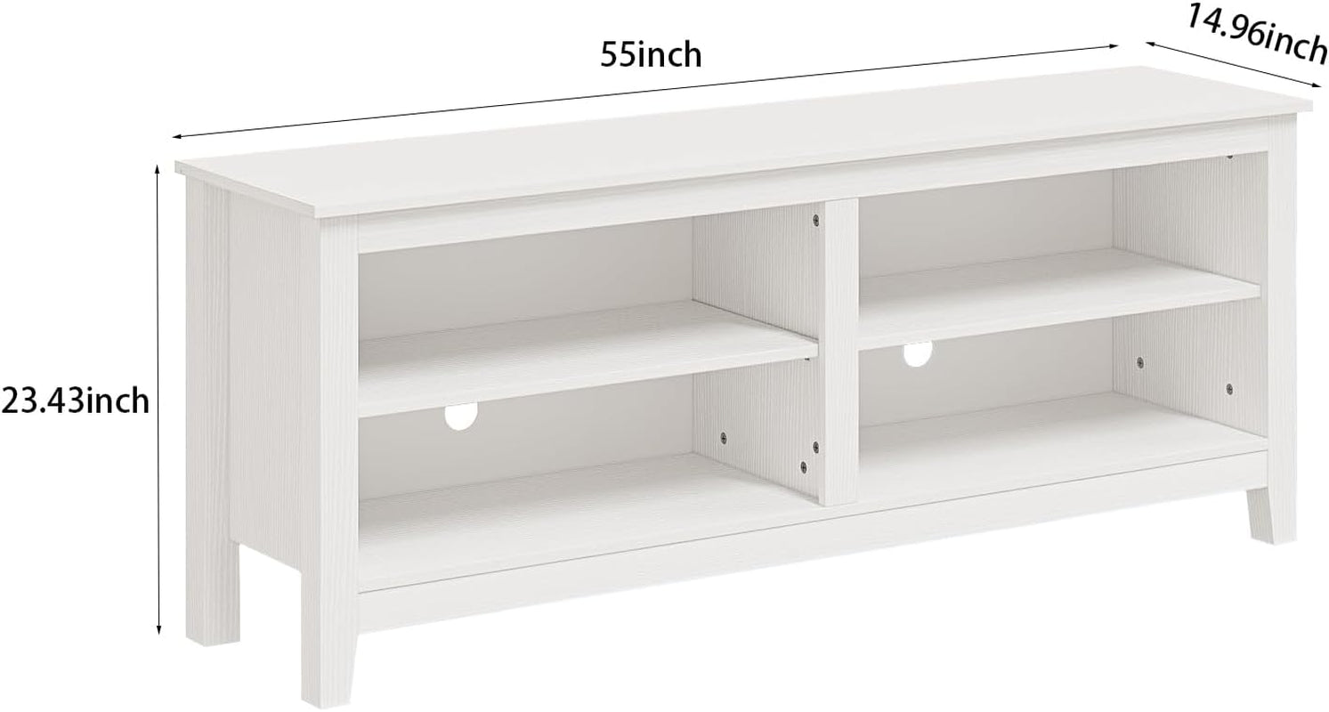 White TV stand with dimensions labeled on a white background