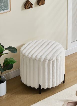 Beige Upholstered Round Pouf Ottoman Foot Rest with Black Metal Legs, Faux Fur, 22.05' Wide-2