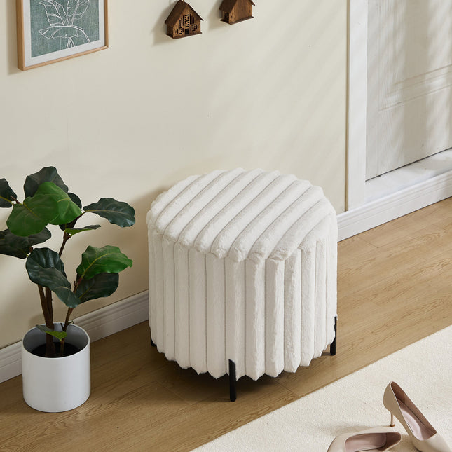 Beige Upholstered Round Pouf Ottoman Foot Rest with Black Metal Legs, Faux Fur, 22.05' Wide-2