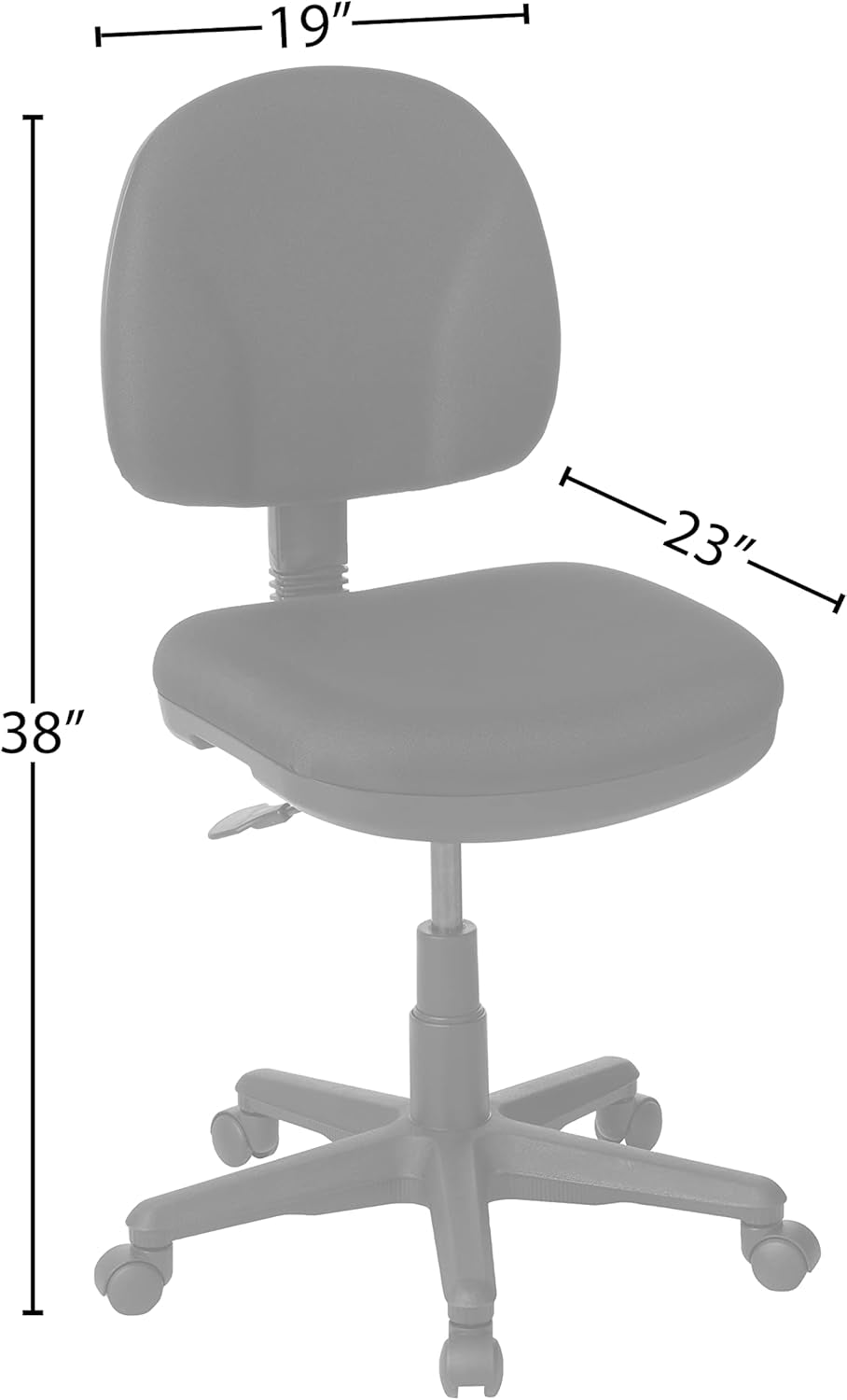 Gray office chair with dimensions labeled on a white background