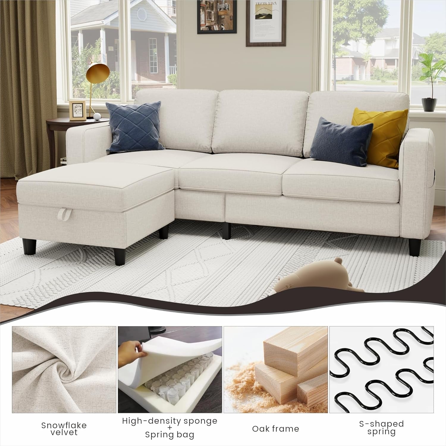 White sectional sofa with colorful pillows in a living room setting, featuring close-up details of sofa materials.