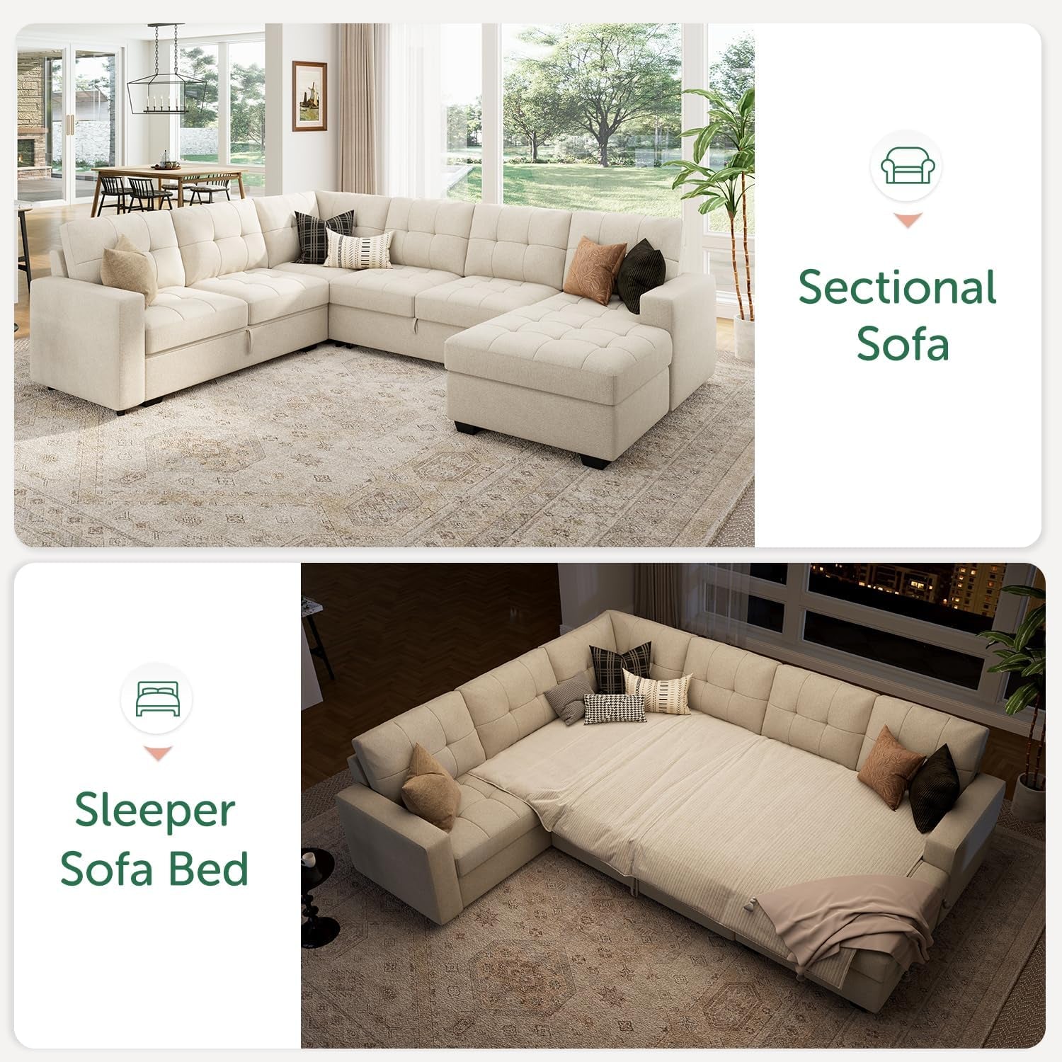 Beige U Shaped Sleeper Sofa Bed with Storage-4