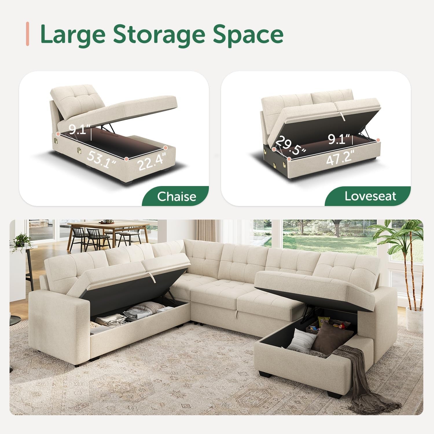 Beige U Shaped Sleeper Sofa Bed with Storage-2