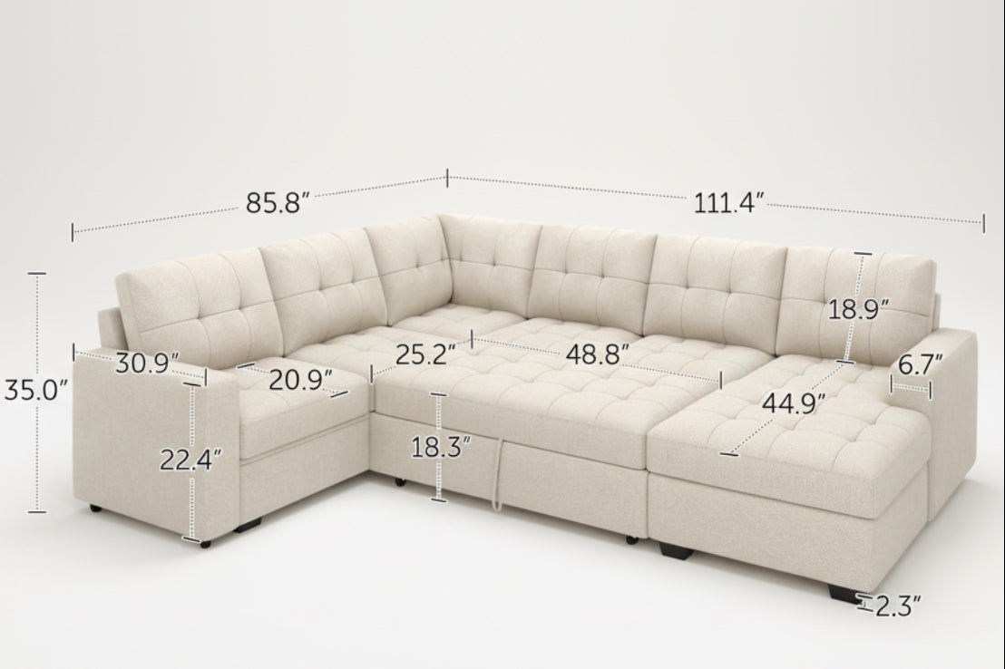 Beige U Shaped Sleeper Sofa Bed with Storage-1