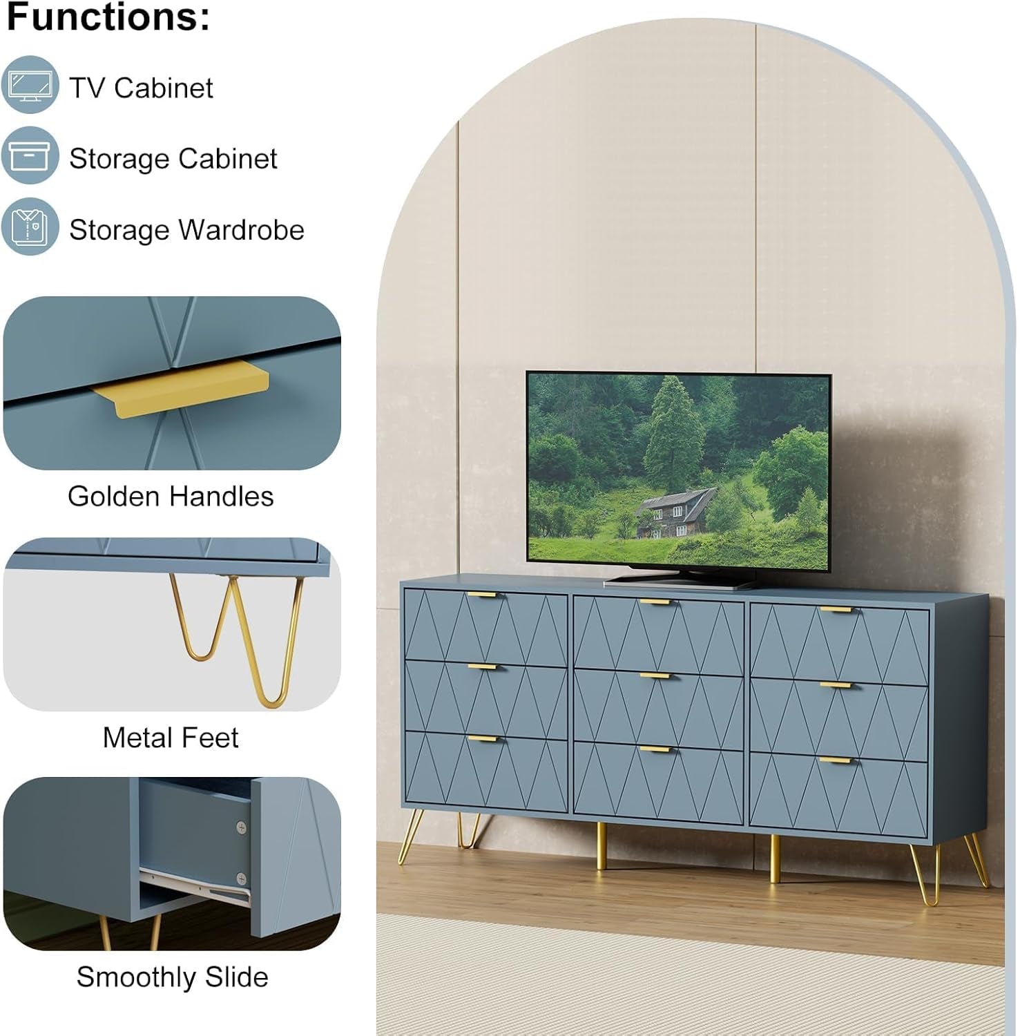 Hardy Haus Blue Industrial Walnut-Finish 9-Drawer Dresser | Wide Storage Chest