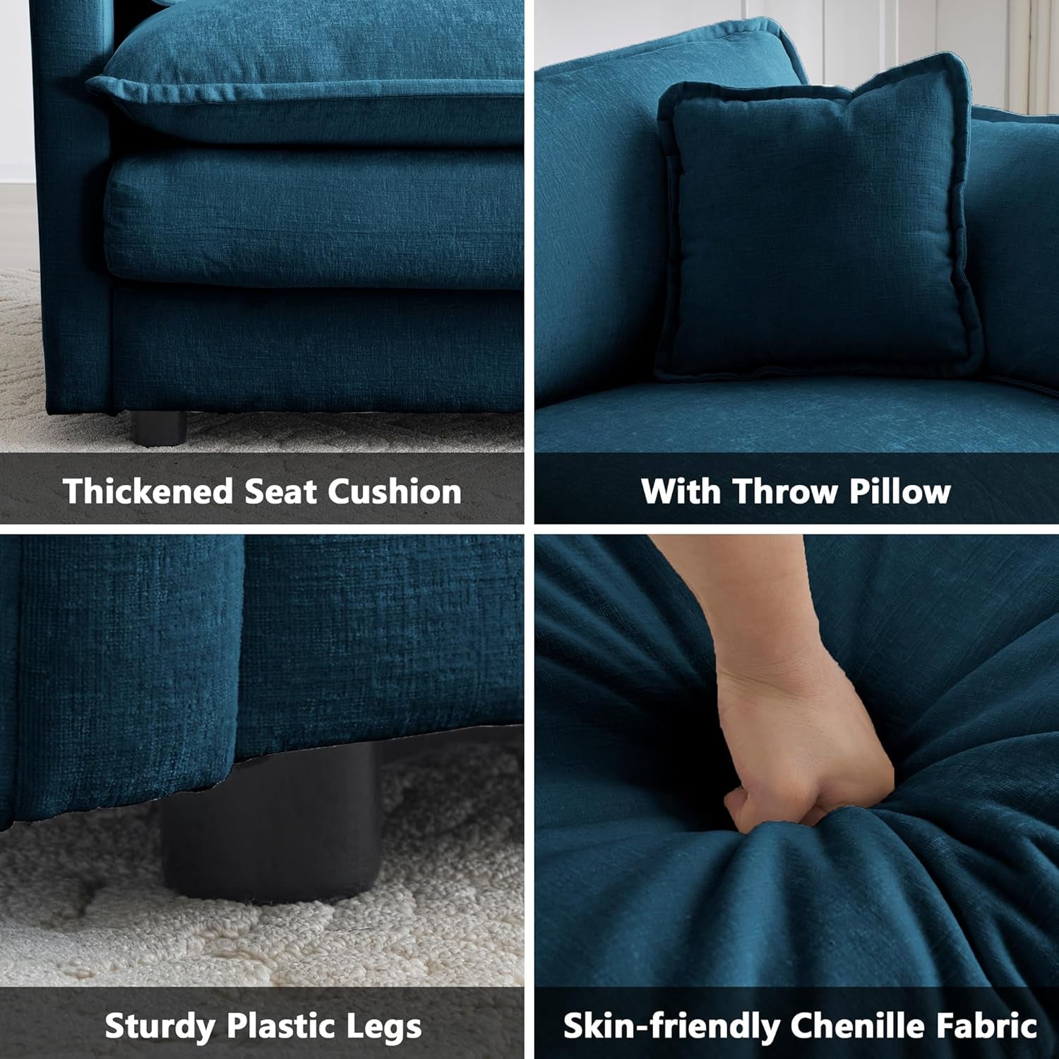 Collage of a blue sofa with features highlighted, including thick seat cushion, throw pillow, plastic legs, and chenille fabric.