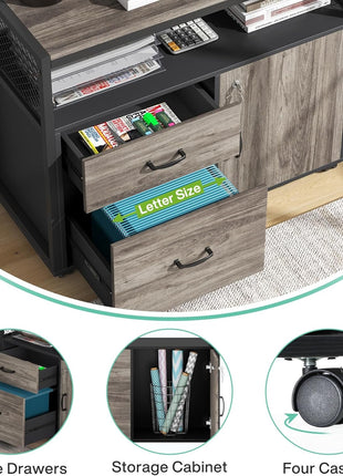 L Shaped Desk with Drawer Cabinet, 63" Executive Computer Desk and Lateral File Cabinet, 2 Piece Home Office Furniture with Drawers for Hanging File, Doors with Locks (Gray, 63 Inches)-3