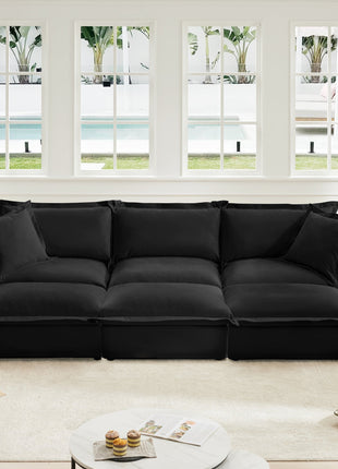 Living Room Sofa Slipcovered Sofa 3 Seater Sofa With 3 Ottomans, Oversized 3-Seat Sleeper Sofa Bed Home Theater Sofa, Chenille, Black
