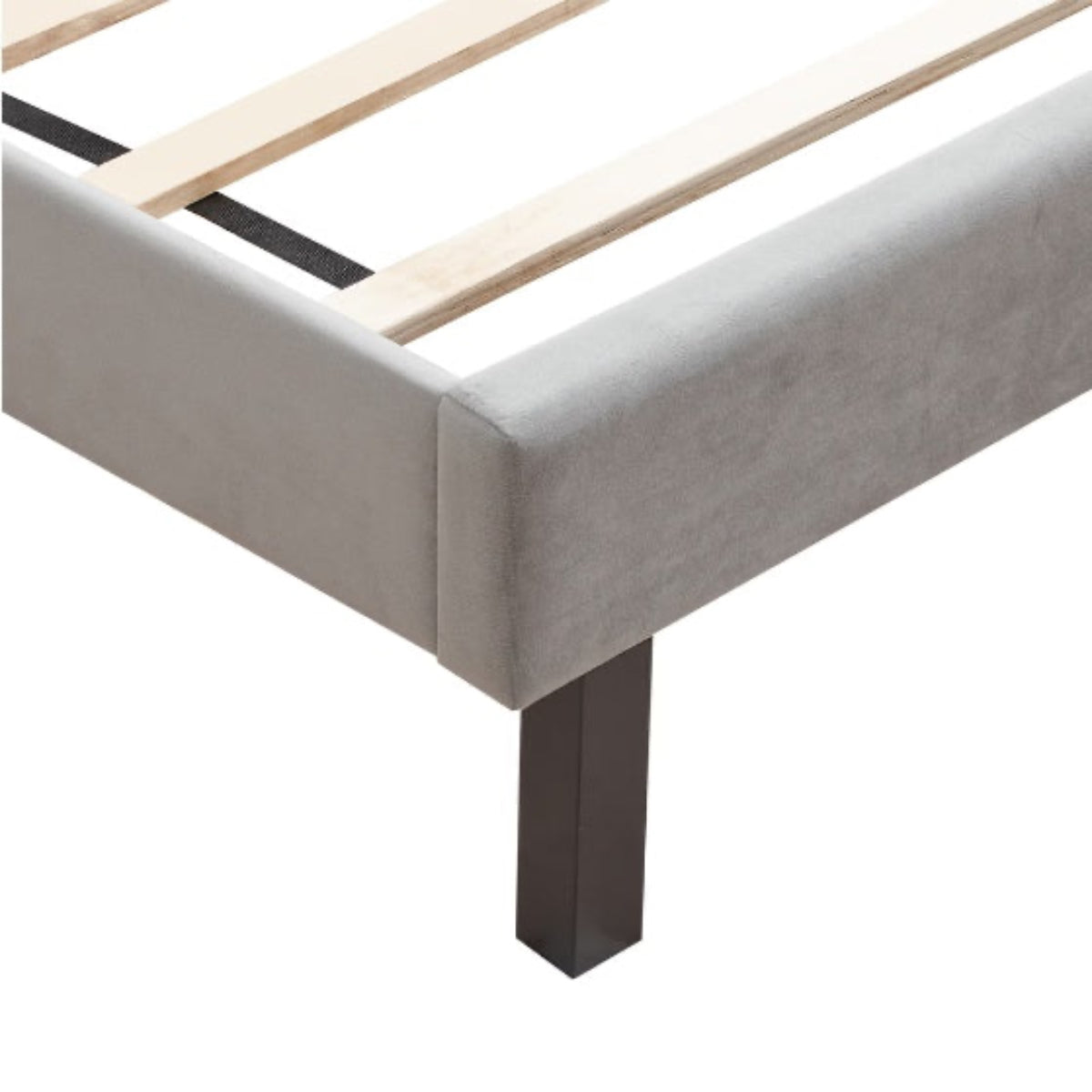 Bed frame with wooden slats and a gray upholstered headboard on a white background