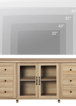 Glass Door Farmhouse TV Stand for Tvs up to 75 Inch, Wood Universal TV Console Table with 4 Storage Cabinets, Entertainment Center for 32-75 Inch TV Console Cabinet, 58'',Oak