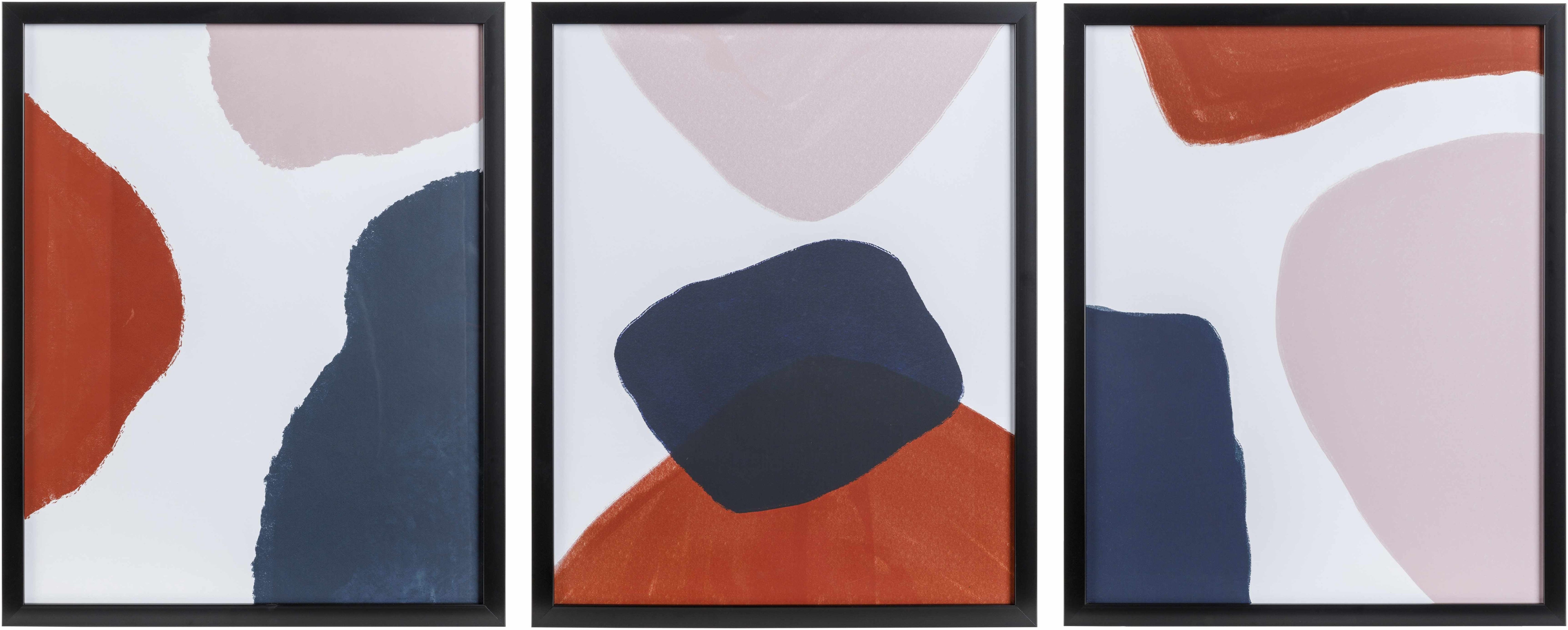 Three abstract art prints with geometric shapes on a white background