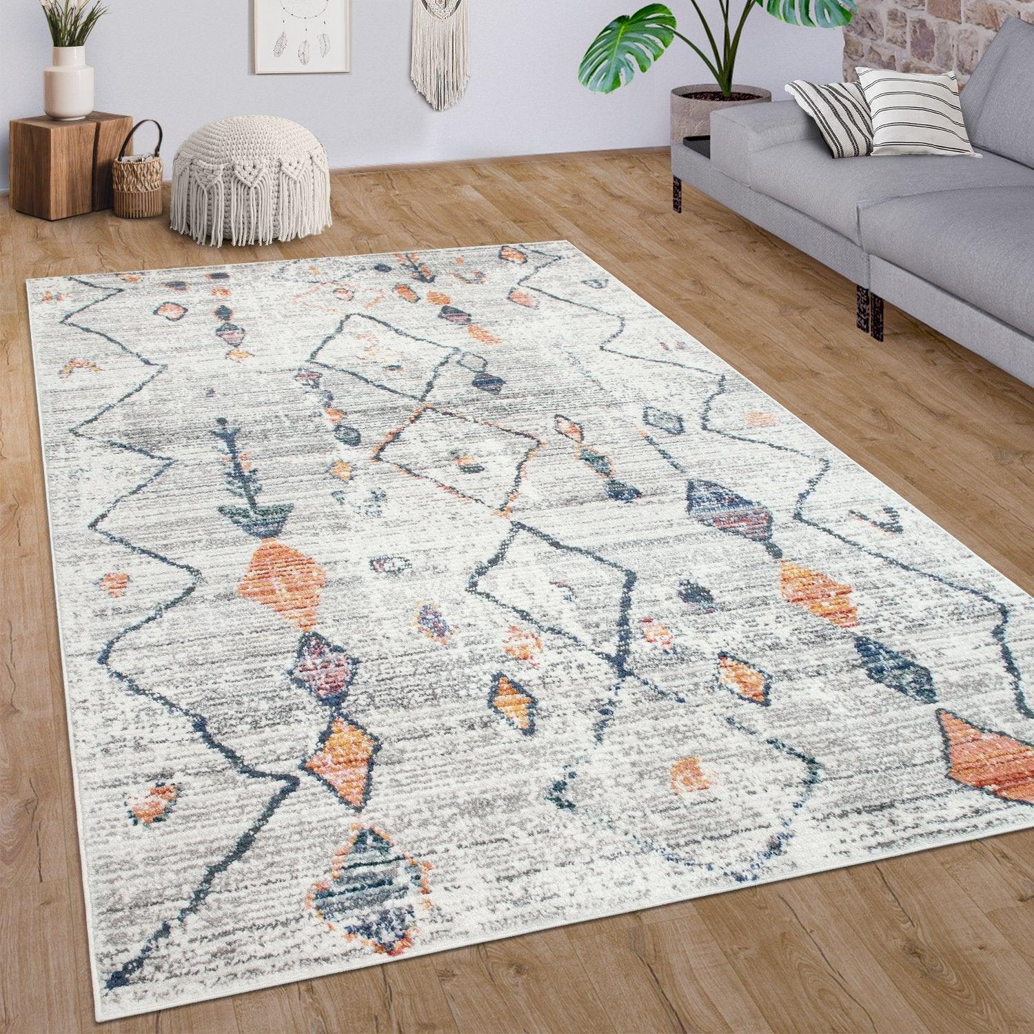 Boho Rug Cream Ethnic Diamond Pattern Modern Ripped Design-0