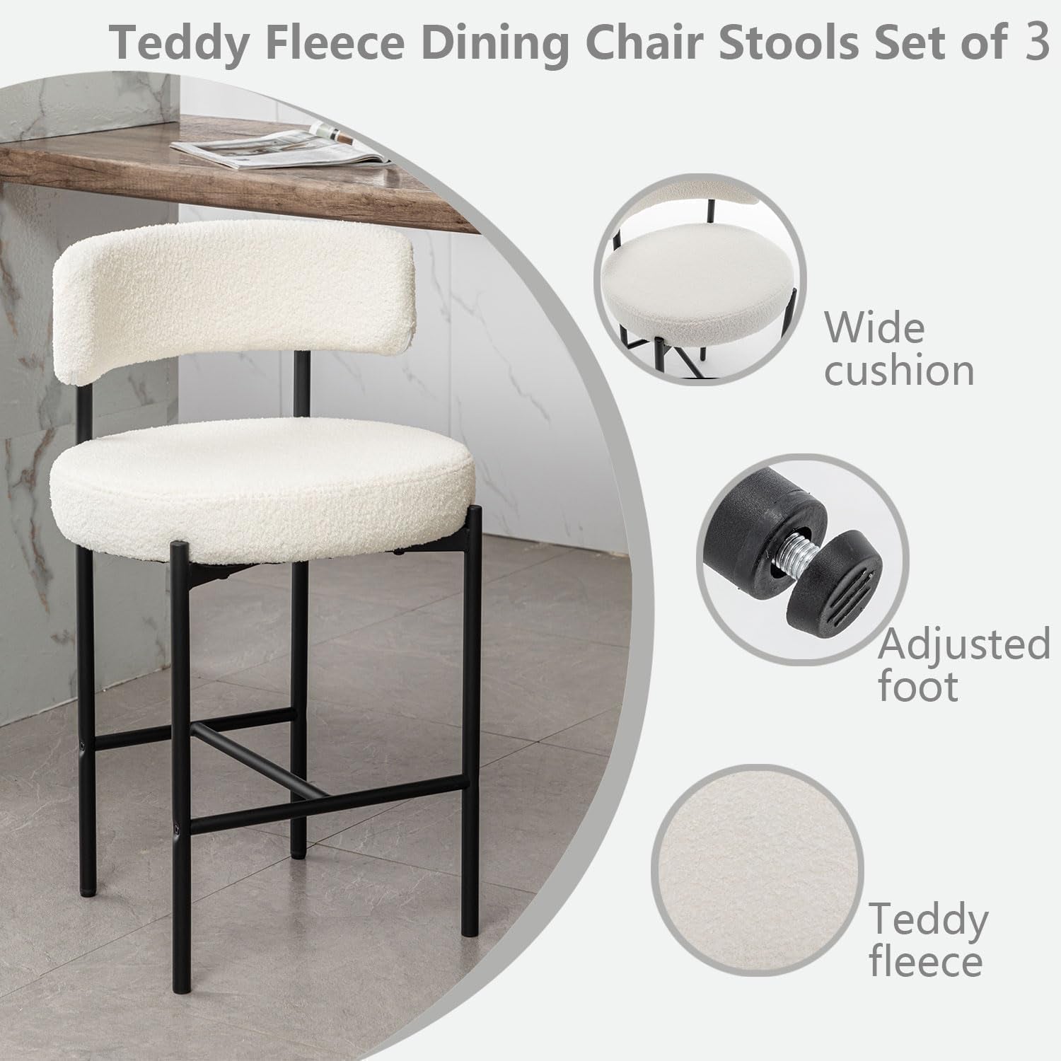 White bar stool with black legs on a light wood floor, with product features highlighted.
