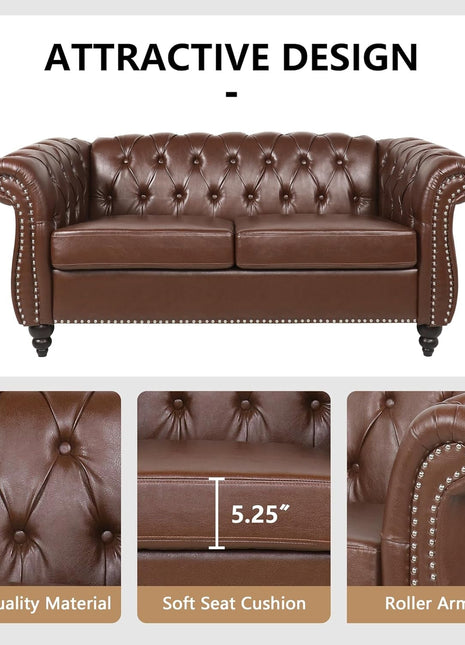3 Piece Living Room Set, Sectional Chesterfield Sofa Chair Contemporary Upholstered Leather Loveseat Couch Sets for Living Room, Bedroom, Office-3