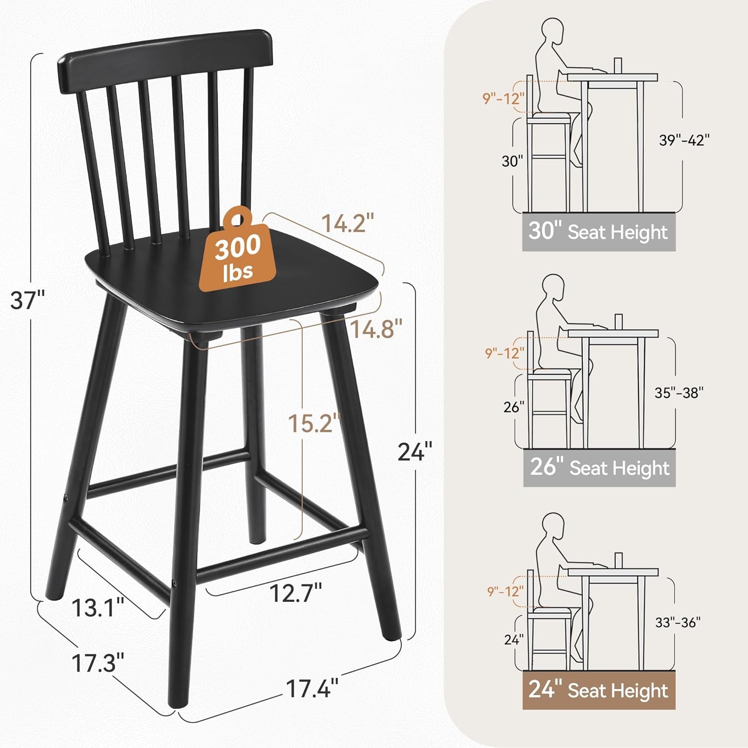Black bar stool with measurements and usage illustrations on a white background