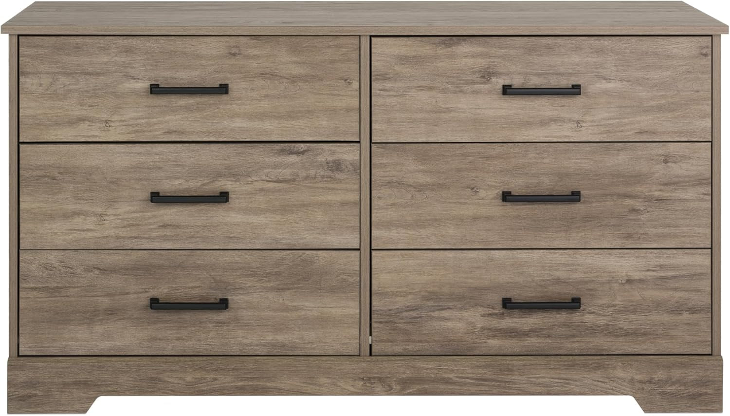 Wooden dresser with six drawers and black handles on a white background