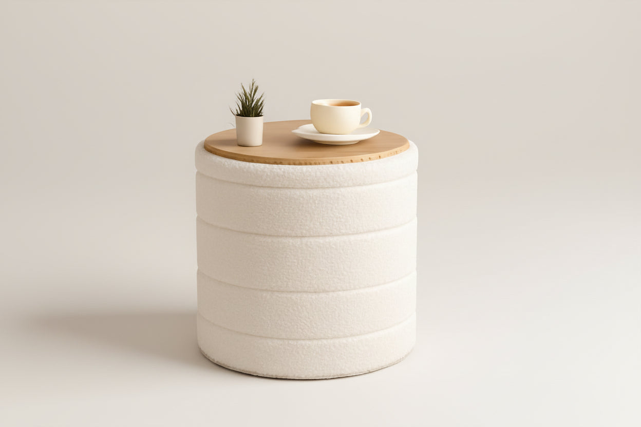 Round ottoman with wooden top featuring a cup and plant on a white background