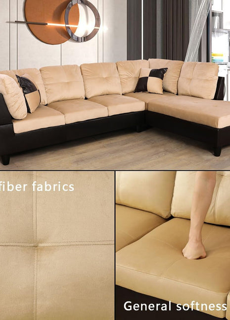 2 Pieces Sectional Sofa Sets, L-Shape Sofa Microfiber Couch Living Room Sofa Set with Chaise Using for Living Room Furniture(A-Beige, Right Hand Facing)