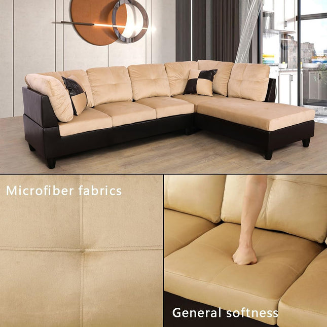 Beige L-Shaped Microfiber Sectional Sofa with Right-Facing Chaise