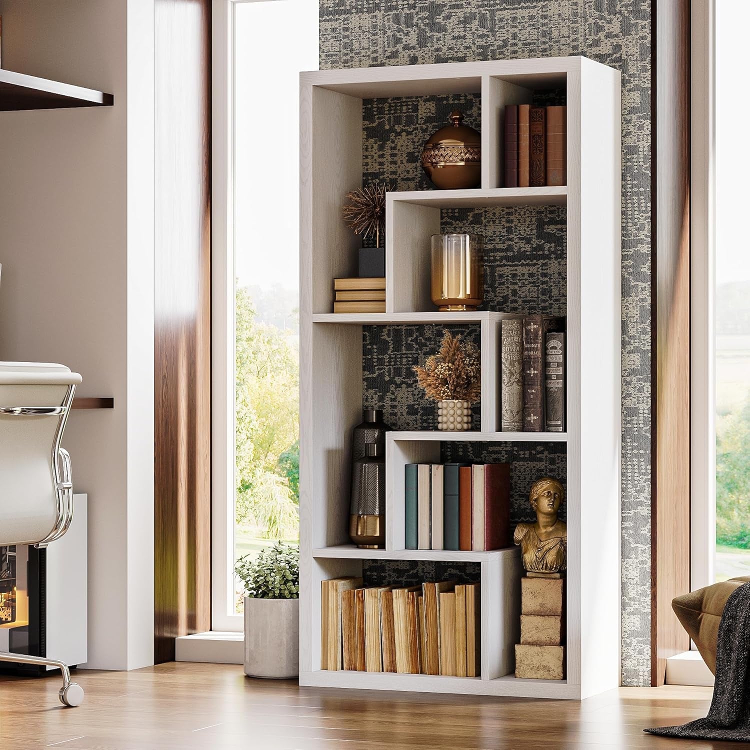 Hardy Haus Geometric 6-Shelf Industrial Bookcase – White Tall Storage