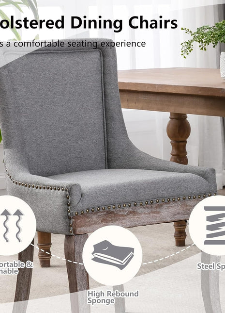 Modern Dining Chairs Set of 2, High Back Dining Chairs Side Chairs with Solid Wood Legs, Upholstered Fabric Dining Room Chairs for Dining Room Kitchen, Grey-3