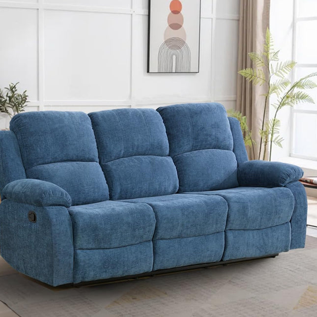 3 Seater Recliner Sofa Couch Modern Manual Reclining Sofa Fabric Reclining Sofa Living Room Couch with Dual Cup Holders and Drop down Table for Living Room/Office/Rv Car (Blue, 3 Seater Sofa)