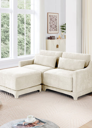 Elegant Two-Seater Sofa with Ottoman, Lumbar Pillows, Ergonomic Design, Beige Chenille, Wood Frame-3