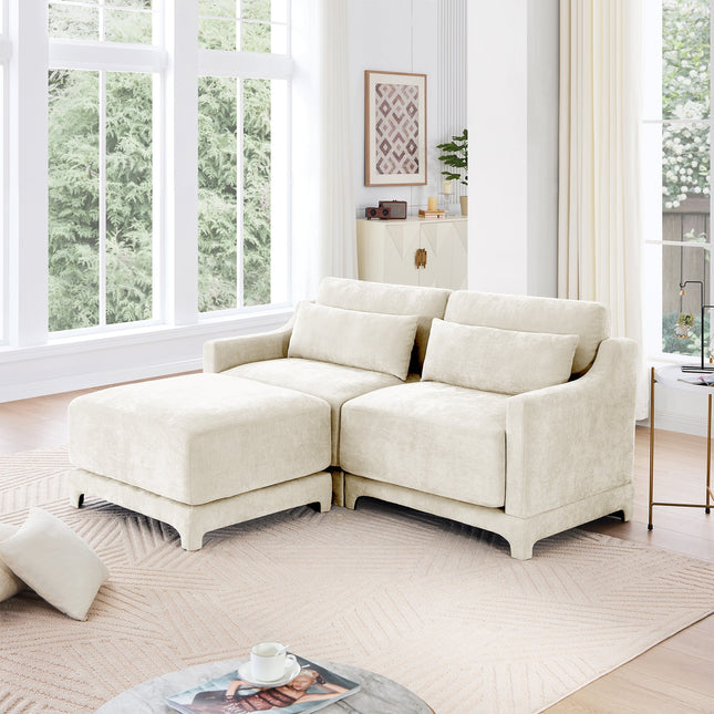 Elegant Two-Seater Sofa with Ottoman, Lumbar Pillows, Ergonomic Design, Beige Chenille, Wood Frame-3